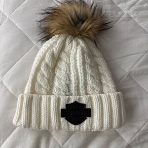 Harley-Davidson Kids Cream Cable Knit Hat with Faux Fur Pom size OS